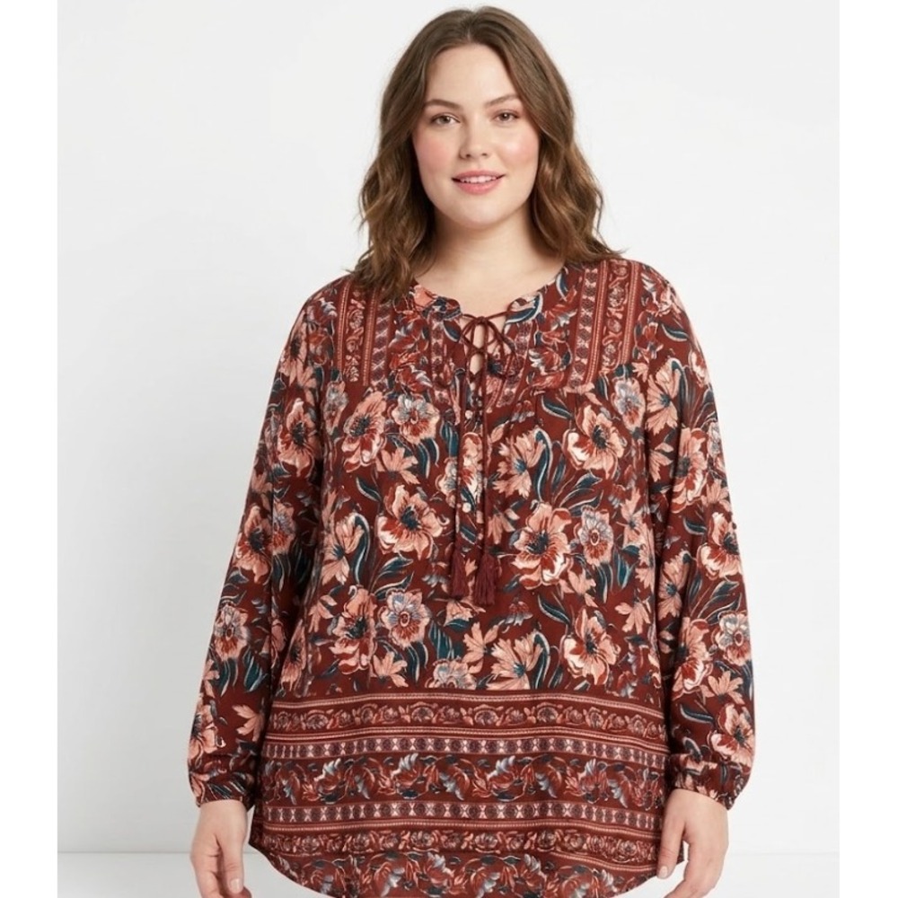 DR2 Multi Color Floral Boho Print Long Sleeve Popover Blouse XL